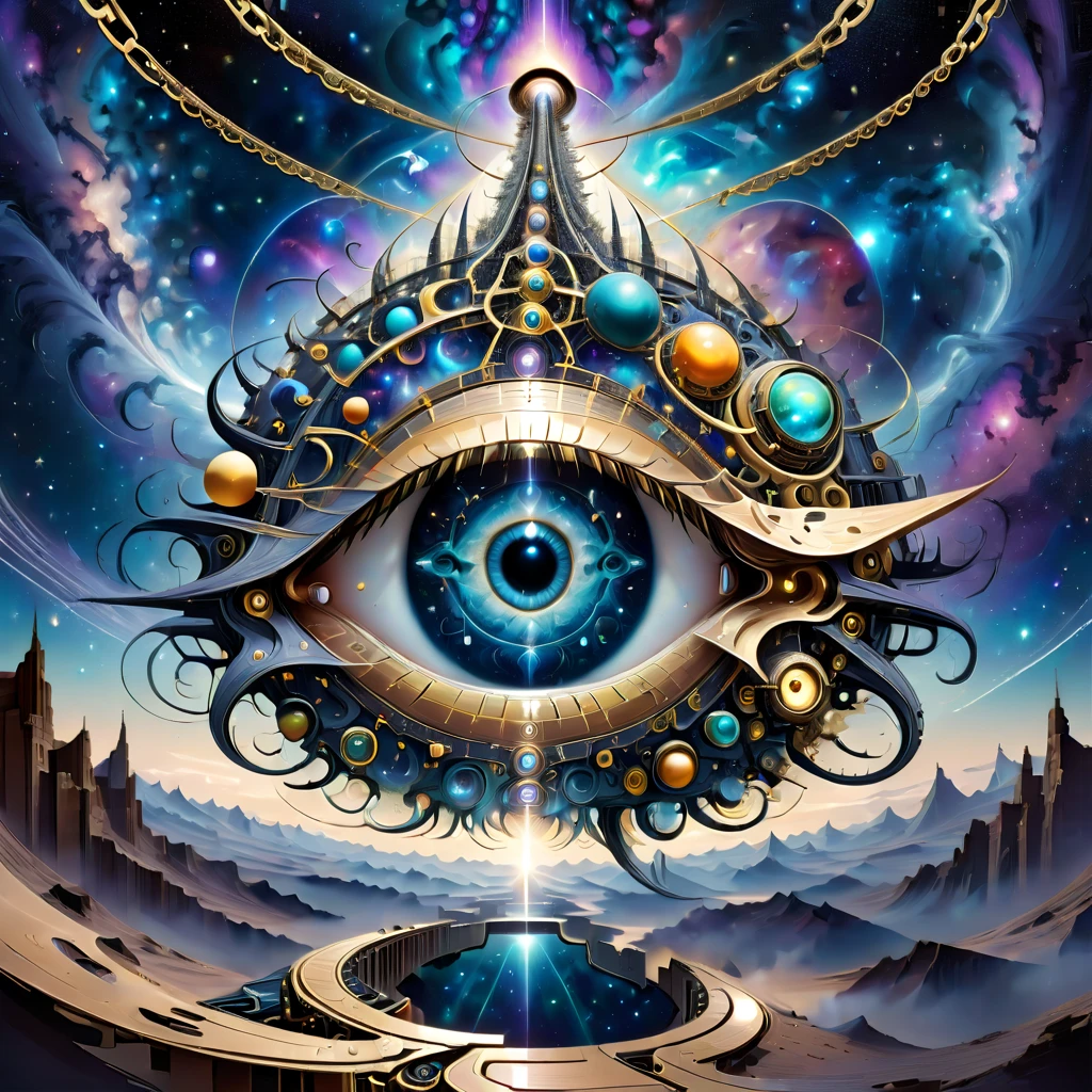 Crie uma arte de ilusão de ótica combinando elementos como olhos, O céu noturno estrelado, O universo, galáxias, uma escada celestial, tecnologia, maquinaria, e cadeias. A composição deve ser complexa e intrincada, apresentando formas e padrões geométricos que unem esses elementos de uma forma que cria uma forte ilusão visual. A obra de arte deve incluir um olho como elemento central, surrounded by a depiction of O universo and galáxias, with elements of advanced tecnologia and maquinaria interwoven. A escada celestial, possivelmente feito de correntes ou peças mecânicas, deve conectar diferentes partes da imagem, desafiando a gravidade e a perspectiva. O design geral deve ser fascinante, fazendo com que os espectadores se sintam deslumbrados e desorientados, com uma poderosa sensação de ilusão visual.