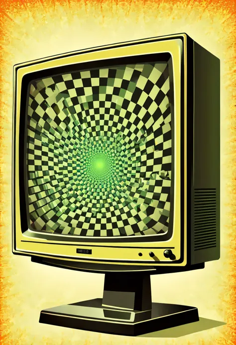 from jump out of the screen, retro monitor, used optical illusion illustration,