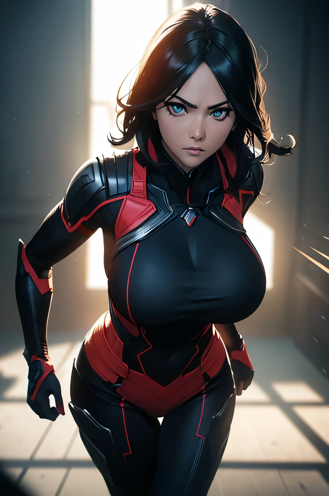 A superheroine, sexy, big breasts, dynamic pose, 3d, (8k), detailed texture,(hyperdetailed), (photo realistic), cinematic light, cinematic action, highly detailed, realistic, Isometric, full body, in frame, driven expression, dark theme, (extremely detailed eyes), detailed symmetric realistic face, extremely detailed natural texture, masterpiece, extremely detailed, amazing, fine detail, rich colors, hyper realistic lifelike texture, dramatic lighting, unreal engine, trending on art station, photo realistic, RAW photo, high quality, high res, sharp focus, extremely detailed, cinematic lighting, 8k, high definition, cinematic, neoprene, unreal engine 5, ultra sharp focus