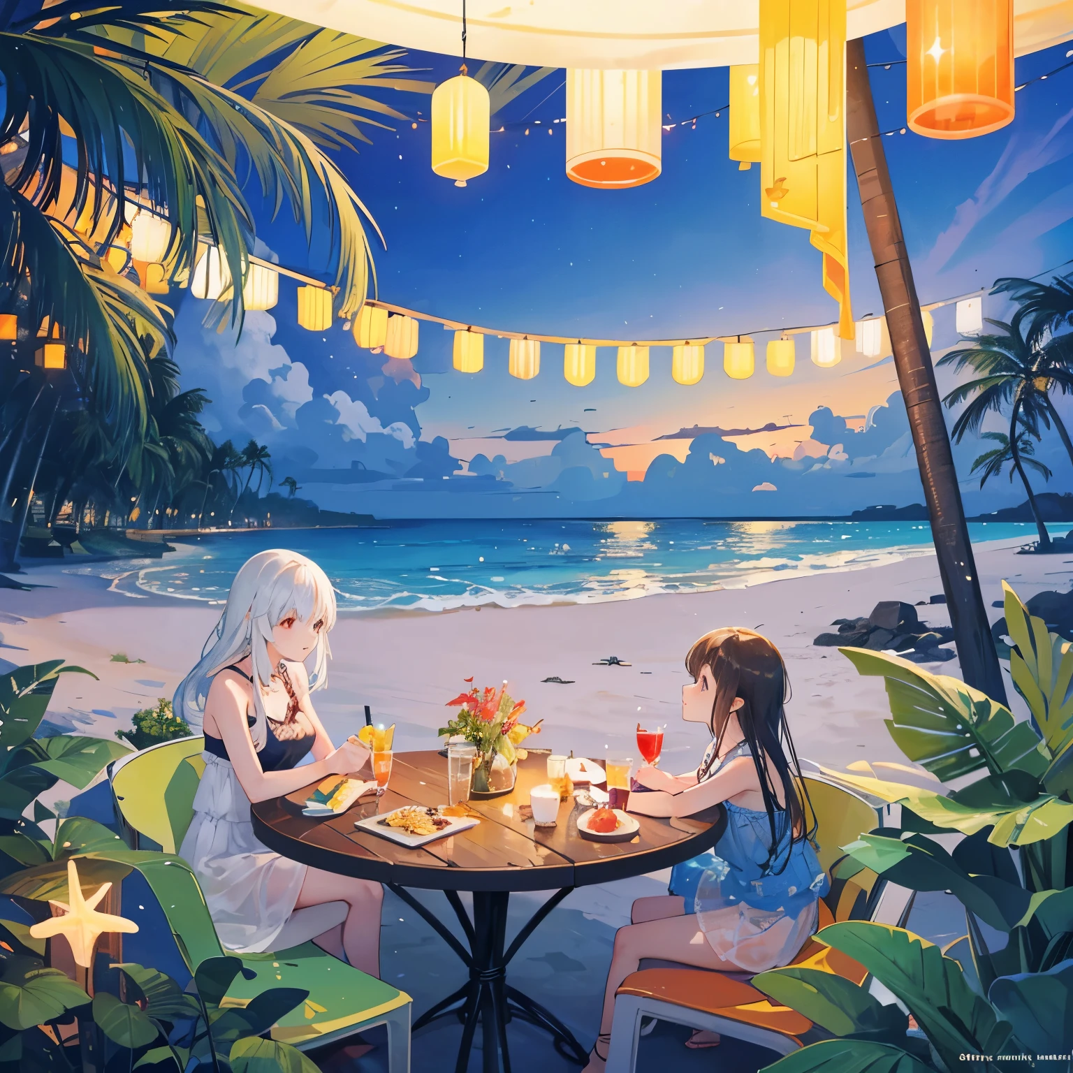 The beach at eight o&#39;clock at night，An outdoor seaside restaurant，There are some colored lights，plant，shell，beach，Stones，coconut tree，There are some drinks and snacks on the table