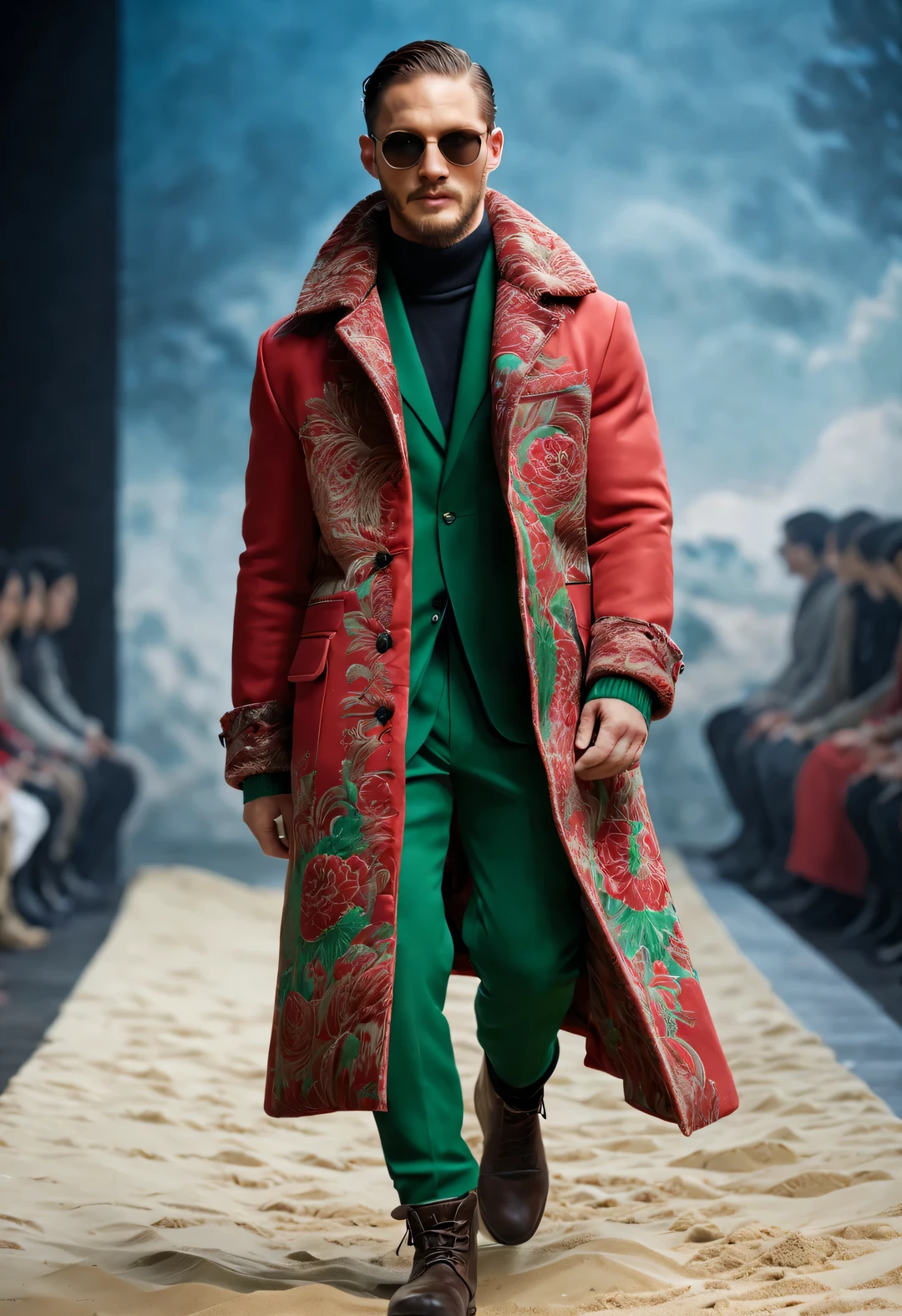 (Photo of a male model wearing a red and green peony couture cotton coat on the catwalk）,（China Red 2024 Winter man’s Fashion Show Live Photos），（whole body），
（man&#39;s winter extra long cotton coat design：1.0），（Tall, fit and handsome male model Tom.Hardy wears a cotton coat made of thick burlap with red and green peonies：1.34），Warm and windproof cotton coat，peonies and birds，Leaves，Embroidery Su embroidery red and green peonies and birds，interwoven patterns as themes，Brown fur coat collar，complex patterns，A modern interpretation of Tibetan totems，Learn from the rich cultural heritage and exquisite craftsmanship of the Northeast region，Reinterpret traditional clothing with modern charm，
parka，(exceed)coat，sweater，winter scarf warm scarf，gloves gloves，belt，boots，sunglasses，
background with：In the room，The stage is stepped with fine sand，（Tom Hardy）， (((runway scene))),The stage is cexceeded with fine sand，jupiter，reef，Sand and foam, dusty，Blue swirls swirl like bubbles, The landscape must be filled with swirls and dynamic colored smoke，Paired with Ballerina Smoky Swirl Dress.Flowing purple smoky skirts and quick twirling moves were a source of inspiration, Key Elements::convey a sense of mystery, smoky，Colorful atmosphere.Emphasis on dynamics, Rotational motion ray tracing in compositing, divinelight, ultra high definition, Masterpiece of anatomy，It can give texture to the skin, Super details, high detail, high quality, Award-winning, best quality, high resolution, 8k，Cat steps scene，Shoot from the bottom up，Search in ultra high definition format, masterpiece, charming eyes，anatomically correct, textured skin, Super details, Award-winning, best quality, 8K vision, Cat steps, current, fantasy art，
