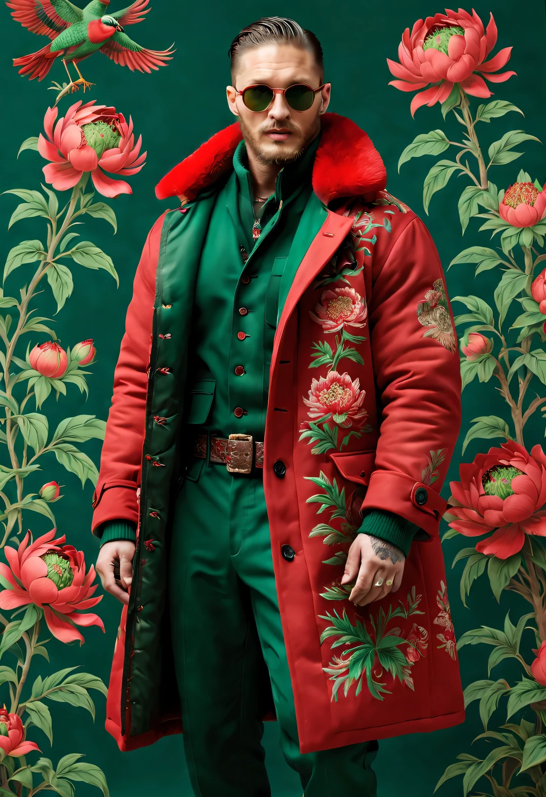 Winter men&#39;s fashion show, (whole body),
(Men's winter exceedsized cotton coat design: 1.0), (Tall and handsome male model Tom Hardy wears a cotton coat made of thick red and green peony fabric: 1.34), Suzhou embroidery large red and green peonies flying birds, The theme of interweaving patterns, With brown fur collar and intricate pattern, A modern interpretation of Tibetan peony and bird totems, Learn from the rich cultural heritage and exquisite craftsmanship of the Northeast region, It reinterprets traditional clothing with modern charm,
Parka snow coat, (exceed) coat, sweater, winter scarf warm scarf, gloves gloves, belt, boots, sunglasses, Wearing a thick cotton coat，red and green peonies,
background blur, Like a movie, With exceptionally clear details, Accent lighting, global illumination, intricate details, Realism, close-up, film camera,