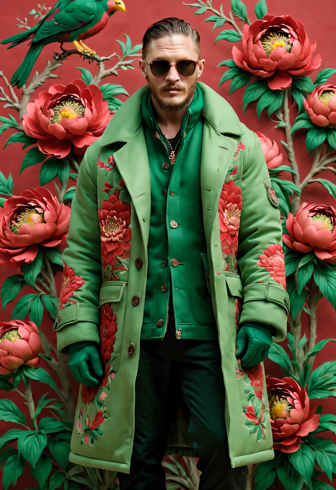Winter men&#39;s fashion show, (whole body),
(Men's winter exceedsized cotton coat design: 1.0), (Tall and handsome male model Tom Hardy wears a cotton coat made of thick red and green peony fabric: 1.34), Suzhou embroidery large red and green peonies flying birds, The theme of interweaving patterns, With brown fur collar and intricate pattern, A modern interpretation of Tibetan peony and bird totems, Learn from the rich cultural heritage and exquisite craftsmanship of the Northeast region, It reinterprets traditional clothing with modern charm,
Parka snow coat, (exceed) coat, sweater, winter scarf warm scarf, gloves gloves, belt, boots, sunglasses, Wearing a thick cotton coat，red and green peonies,
background blur, Like a movie, With exceptionally clear details, Accent lighting, global illumination, intricate details, Realism, close-up, film camera,