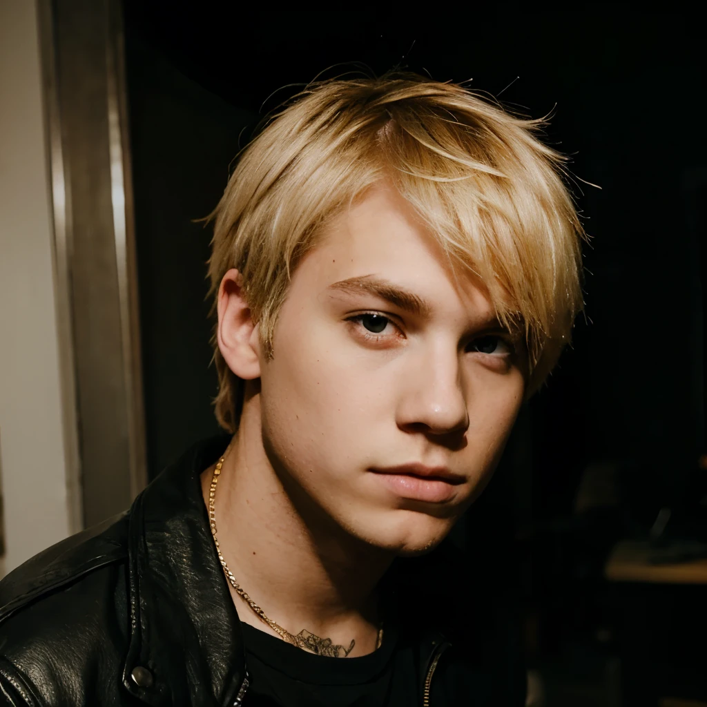 Blond boy with a black leather jacket and a chain around his neck - SeaArt  AI