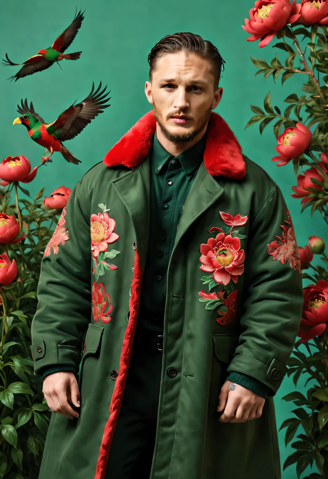 comando vermelho, Novo estilo de moda divertido, Homens sofisticados&#39;Designs de casacos de algodão superdimensionados de inverno, (tall and handsome male model Tom Hardy wears a cotton coat made of thick red verde peony fabric: 1.34), Combine com casaco de algodão quente e à prova de vento, Peônias e pássaros, folhas, embroidered with Suzhou embroidery big red and verde Peônias e pássaros, O tema dos padrões entrelaçados, Gola de jaqueta de pele marrom com padrões e roupas intrincadas, Apresenta grande foto vermelha, verde, âmbar claro, Close-up de céu azul e vermelho,