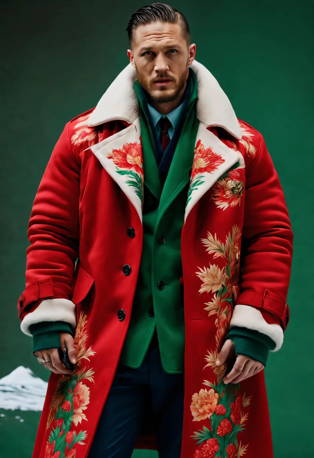 (snow)，red commando, Playful new fashion style, complex men's winter exceedsized cotton coat design, (tall and handsome male model Tom Hardy wears a cotton coat made of thick red green peony fabric: 1.34), with warm and windproof cotton coats, Peonies and birds, Leaves, embroidered with Suzhou embroidery big red and green Peonies and birds, The theme of interweaving patterns, The complex pattern on the collar of the brown fur coat,
Parka snow coat, (exceed) coat, sweater, winter scarf warm scarf, gloves gloves, belt, boots, sunglasses, shirt shirt, jeans, casual pants, Pants, casual Pants, Pants, Cardigan Sweater cardigan sweater, pullexceed Sweater pullexceed sweater, Sweatshirts Sweatshirts, sport jacket/ports coat (Men&#39;s casual occasions) Tweed suit coat, Tank top, field boots, leather shoes, sports shoes, clothing, Red and green light amber photography, whole body, Sky blue and red, 
,