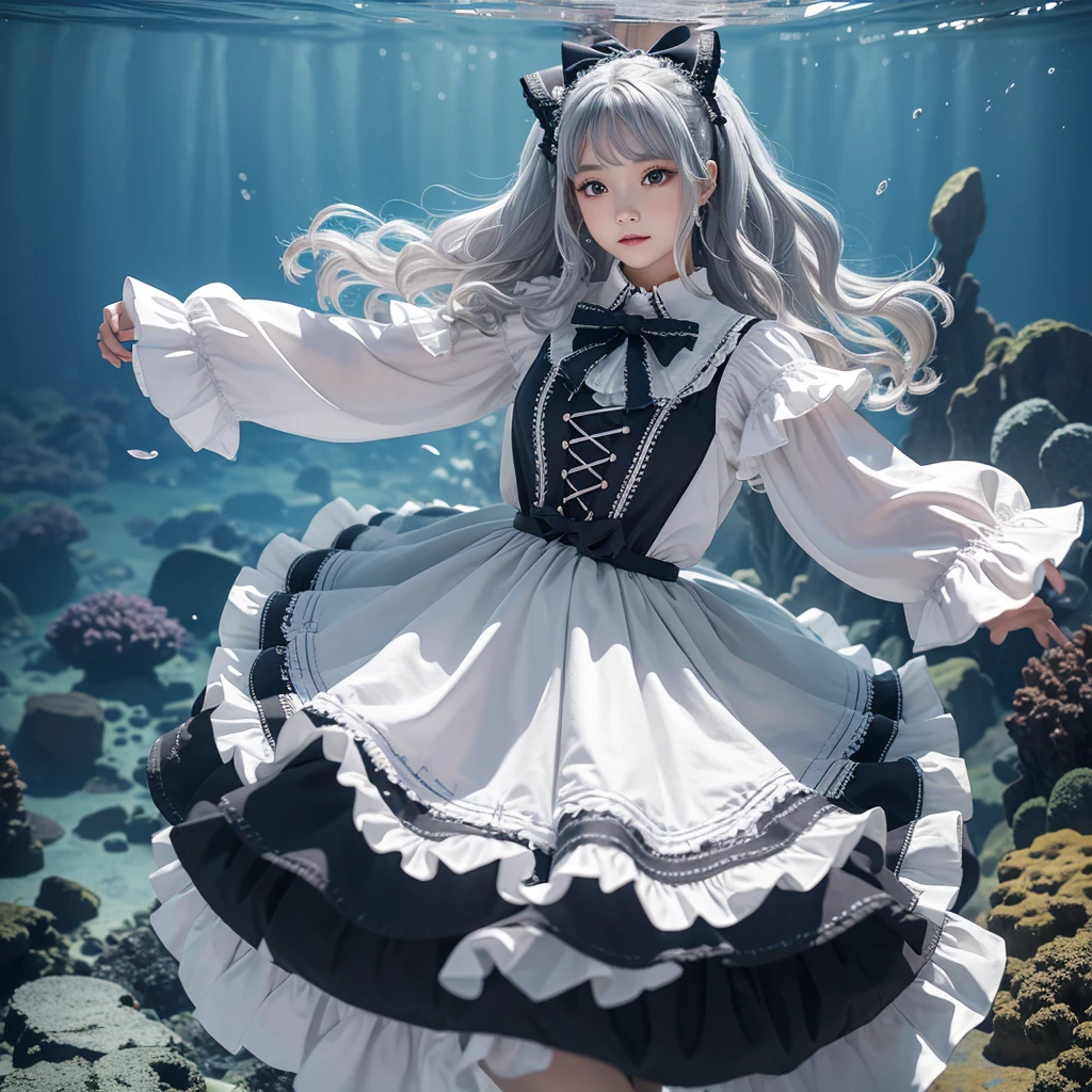 8k, 1 girl, High color, Gorgeous, (フラクタルアート1.8), girl,Gray hair, Flowing hair，Deep under the sea,Dancing Lolita skirt ，Gorgeous, Dynamic, visual impact, hands in pockets, (Waves on the lens 1.5)