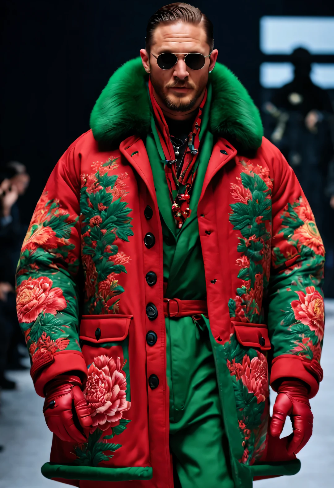 red stormtrooper, Playful new fashion style, A tall and handsome male model, Tom Hardy, wore a cotton coat made of thick red and green peony coarse fabric: 1.34), a cotton coat with warm and windproof functions, peony flower, Leaves, embroidery, With big red and green peony pattern as the theme, (tawny fur coat collar), tibetan shaman jewelry, complex patterns,
Embroidered Suzhou embroidery bright red parka snow coat, (exceed) coat, Black Sweater, jeans, winter scarf warm scarf, duckbill cap, gloves gloves, belt, Cotton boots, sunglasses, Combat boots, sports shoes, big photography, whole body,
background: Indoor T runway, T runway, (snowing), snow,