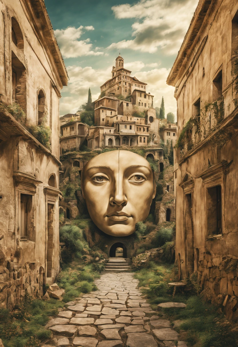 Image with Blivet effects, surreal images with optical effects, double objects, landscape drawing with ancient buildings forming a human face, Optical Illusions