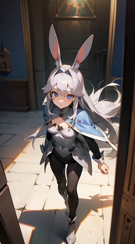 1 rabbit girl,(small),alone,gray hair,long rabbit ears,blue eyes,long hair,knights templar silver knight costume,masterpiece,bes...