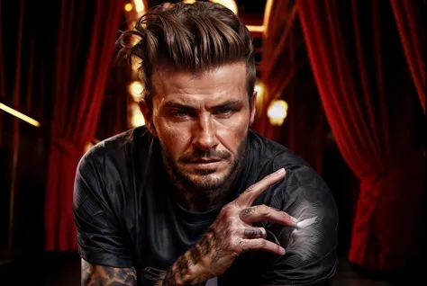 david-beckham, the game of soccer, stylish, confident, Beckham's iconic hairstyle, muscular physique, intense gaze, the sound of cheering crowds, stadium lights, precision and skill, professional sportsmanship, elegance in motion, victory and success, inte...