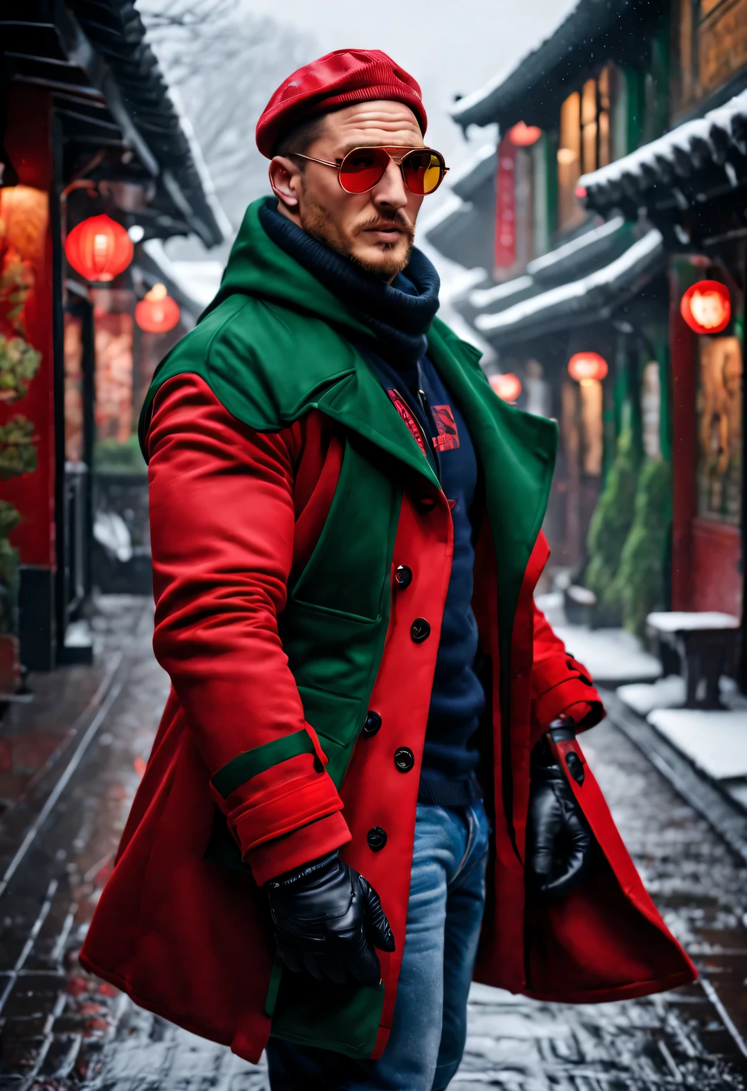 red stormtrooper, Playful new fashion style, Tall and fit male model Tom Hardy wears a thick red and green peony tweed cotton coat: 1.34, (Gentlemanly manners), Embroidery Suzhou Embroidery Big Red Parka Snow Coat, (exceed) coat jacket, (duckbill cap, Black Sweater), jeans, (winter scarf warm scarf), gloves gloves, belt, Cotton boots, sunglasses, Combat boots, sports shoes, big photography,
background: Indoor T-shaped track, T-shaped platform, (snow),
depth of field, Ultra-clear, super high quality,