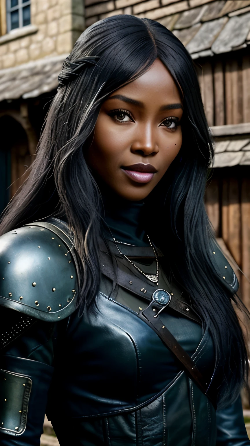 Hyperrealistische Nahaufnahme von Naomi Campbell, Schaffen Sie dystopische Meisterwerke. als Hexer, Szene aus dem Film „The Witcher“, die gesamte Figur im Hexerstil gekleidet, außerhalb des mittelalterlichen Gasthofs, Schöne Frau, schlank, mittlere Brüste, schwarze lange Haare,  detailliertes Gesicht, kleines Lächeln, Mit Blick in die Kamera, Foto aus der Ferne aufgenommen, Alter von 14 Jahren