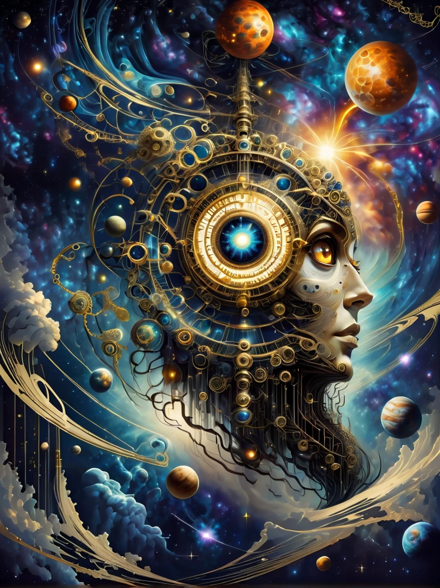 ((estilo de arte de ilusión óptica：1.8))，combinar ojos、cielo estrellado、universo、galaxia、escalera、tecnología、Elementos como maquinaria y cadenas，Crea una obra de arte con ilusión óptica。La composición debe ser sofisticada y sofisticada.，Presenta formas y patrones geométricos.，Conecte estos elementos de manera que se cree una fuerte ilusión visual.。La obra de arte debe tener el ojo como elemento central.，周围描绘universo和galaxia，并将先进tecnología和机械元素交织在一起。escalera可能由链条或机械部件制成，Las diferentes partes de la imagen deben estar conectadas.，No afectado por la gravedad ni la perspectiva.。El diseño general debería ser fascinante.，deslumbrar al espectador、Desorientación，Tiene un fuerte sentido de ilusión óptica.。