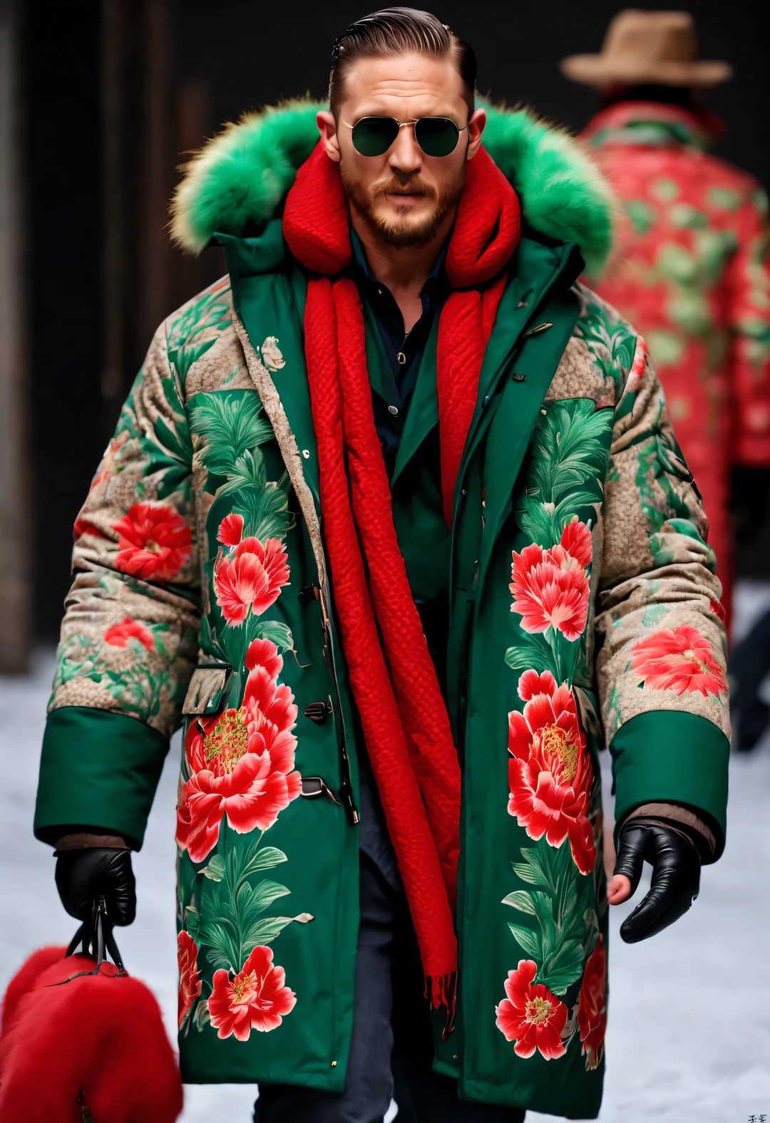 Playful new fashion style, A tall and handsome male model, Tom Hardy, wore a cotton coat made of thick red and green peony coarse fabric: 1.34), a cotton coat with warm and windproof functions, peony flower, Leaves, embroidery, With big red and green peony pattern as the theme, (tawny fur coat collar), tibetan shaman jewelry, complex patterns,
Embroidered Suzhou embroidery bright red parka snow coat, (exceed) coat, Black Sweater, jeans, winter scarf warm scarf, duckbill cap, gloves gloves, belt, Cotton boots, sunglasses, Combat boots, sports shoes, big photography, whole body,
background: Indoor T runway, T runway, (snowing), snow,