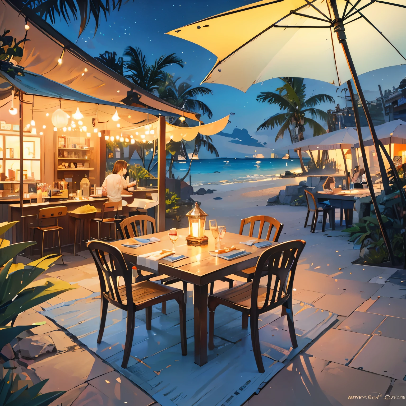 The пляж at eight o&#39;часы ночью，Небольшой ресторан на открытом воздухе у моря，Есть цветные огни，растение，оболочка，пляж，камни，Небольшое количество кокосовых пальм，На столе есть напитки и закуски.，Символы не требуются