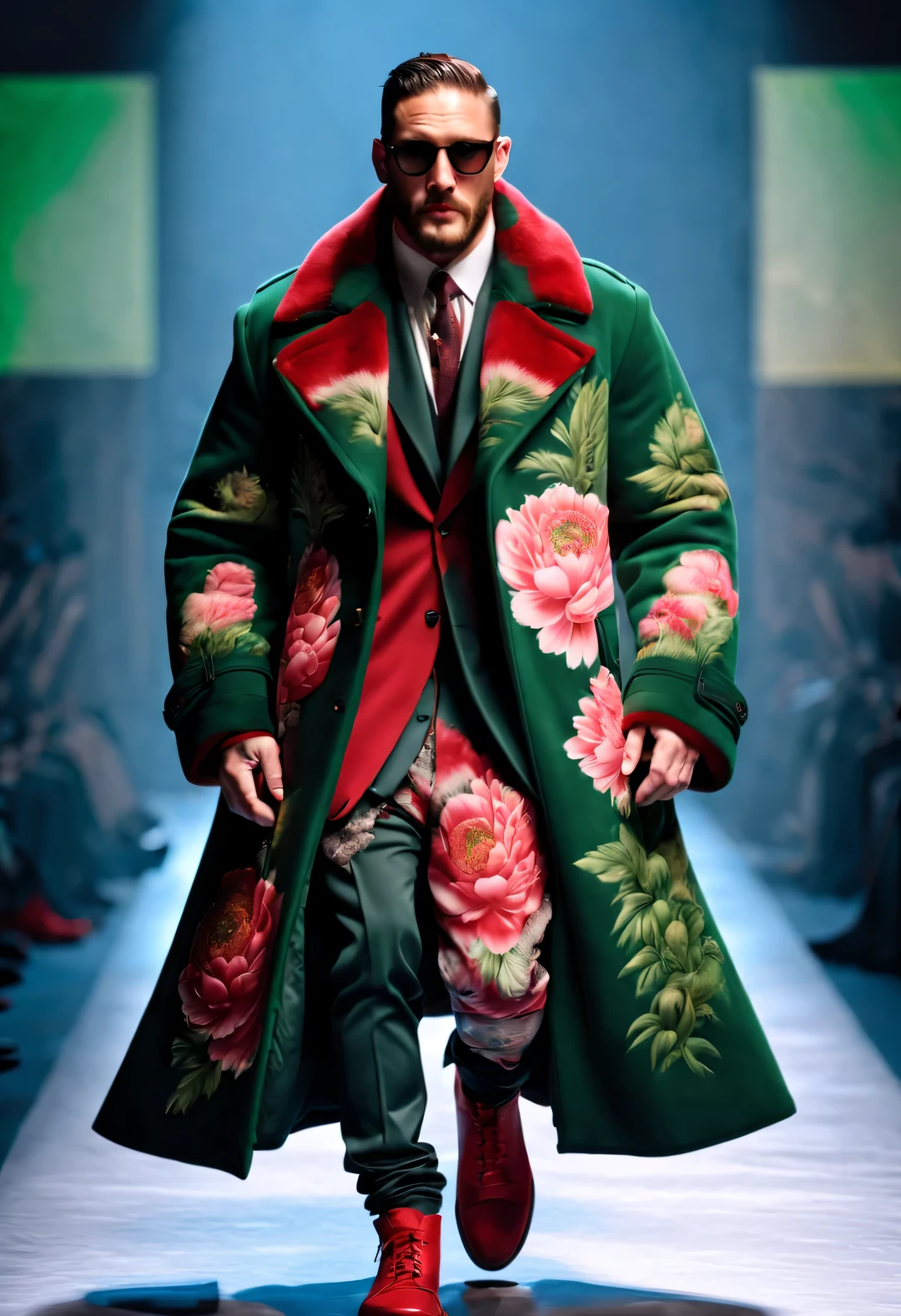On the fashion show, Tom Hardy, Tall fit male model, (Wearing a thick cotton coat made of red and green peony cloth: 1.34), (Extra long cotton military coat: 0.65), Has warmth、Windproof cotton coat, peony flower, Leaves, Embroidery with Suzhou red and green peony pattern as the theme, (Tan fur coat collar), (tibetan shaman jewelry), complex mixed styles, (Gentlemanly manners), Embroidered Su Embroidery Big Red Parka Snow Coat, (exceed) coat jacket, (big duckbill hat), (Black Sweater), jeans, (winter scarf warm scarf), gloves gloves, belt, Cotton boots, sunglasses, Combat boots, sports shoes, big photography,
background: Indoor T-shaped track, T-shaped platform, (snow), depth of field, Ultra-clear, super high quality,