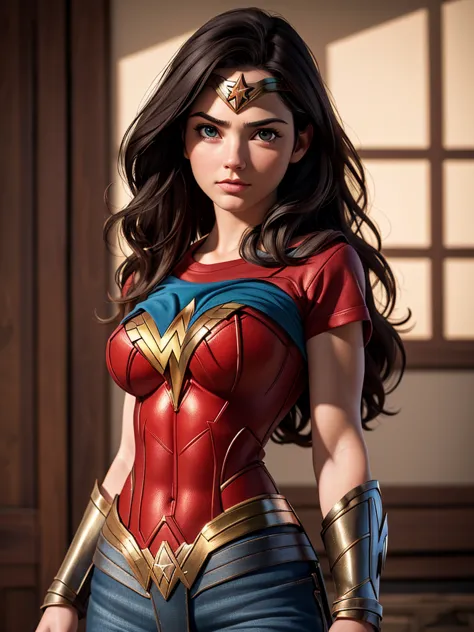 Best quality, masterpiece, ultra high res, (photorealistic:1.37), raw photo, 1girl, 30 years old. solo, Wonder Woman shirtlift