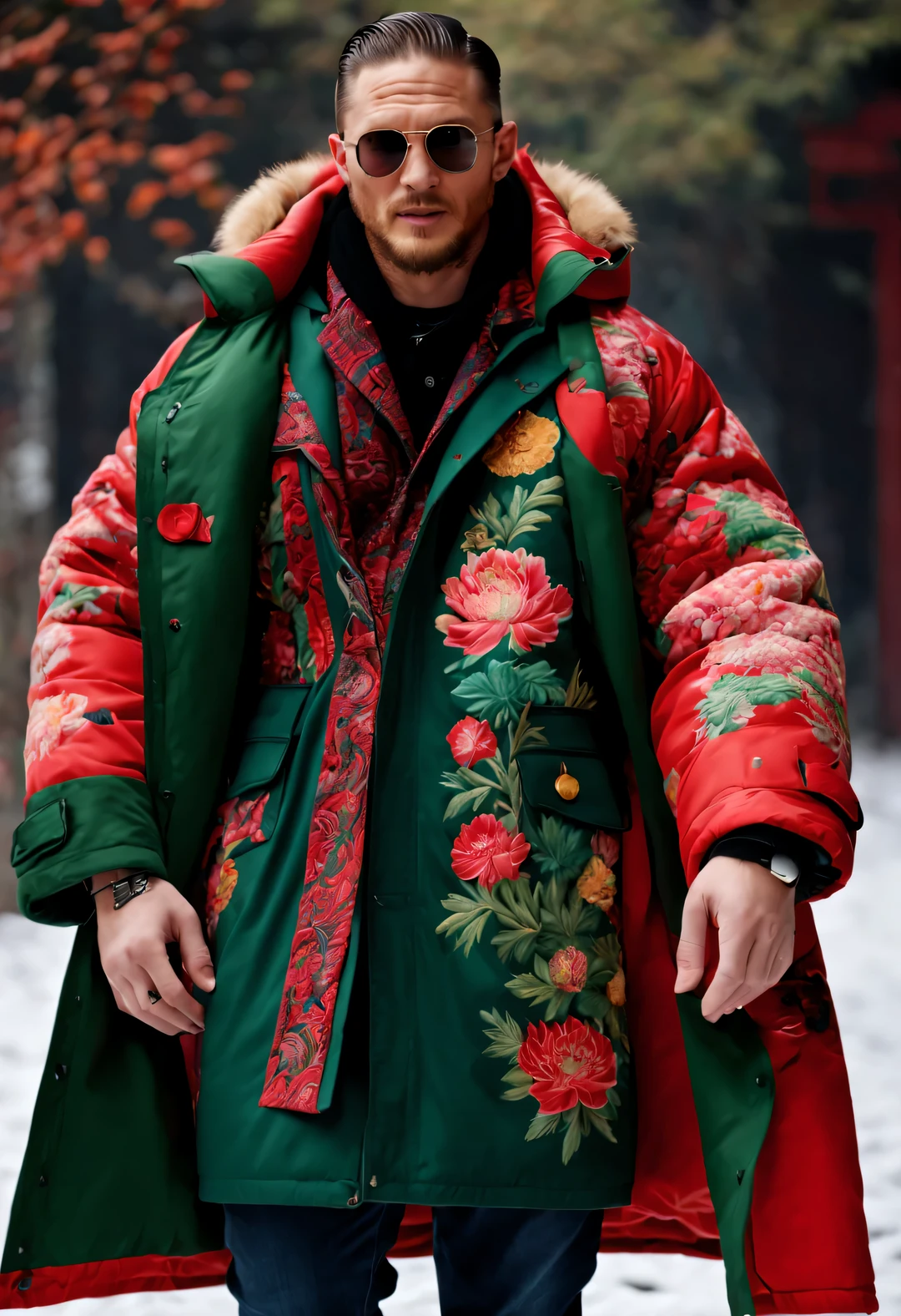 Playful new fashion style, A tall and handsome male model, Tom Hardy, wore a cotton coat made of thick red and green peony coarse fabric: 1.34), a cotton coat with warm and windproof functions, peony flower, Leaves, embroidery, With big red and green peony pattern as the theme, (tawny fur coat collar), tibetan shaman jewelry, complex patterns,
Embroidered Suzhou embroidery bright red parka snow coat, (exceed) coat, Black Sweater, jeans, winter scarf warm scarf, duckbill cap, gloves gloves, belt, Cotton boots, sunglasses, Combat boots, sports shoes, big photography, whole body,
background: Indoor T runway, T runway, (snowing), snow,
