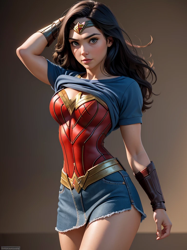 beste Qualität, Meisterwerk, ultrahohe Auflösung, (fotorealistisch:1.37), RAW-Foto, 1 Mädchen, 30 Jahre alt. Allein, Wonder Woman Hemdlift