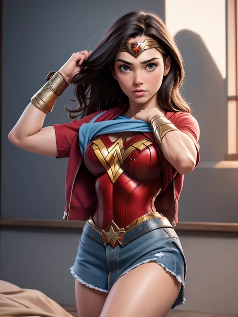 Best quality, masterpiece, ultra high res, (photorealistic:1.37), raw photo, 1girl, 30 years old. solo, Wonder Woman shirtlift