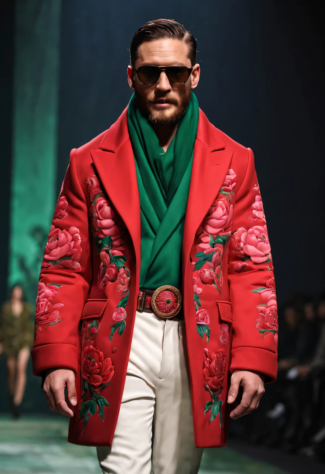 On the fashion show, Tom Hardy, Tall fit male model, (Wearing a thick cotton coat made of red and green peony cloth: 1.34), (Extra long cotton military coat: 0.65), Has warmth、Windproof cotton coat, peony flower, Leaves, Embroidery with Suzhou red and green peony pattern as the theme, (Tan fur coat collar), (tibetan shaman jewelry), complex mixed styles, (Gentlemanly manners), Embroidered Su Embroidery Big Red Parka Snow Coat, (exceed) coat jacket, (big duckbill hat), (Black Sweater), jeans, (winter scarf warm scarf), gloves gloves, belt, Cotton boots, sunglasses, Combat boots, sports shoes, big photography, background: Indoor T-shaped track, T-shaped platform, (snow), depth of field, Ultra-clear, super high quality,