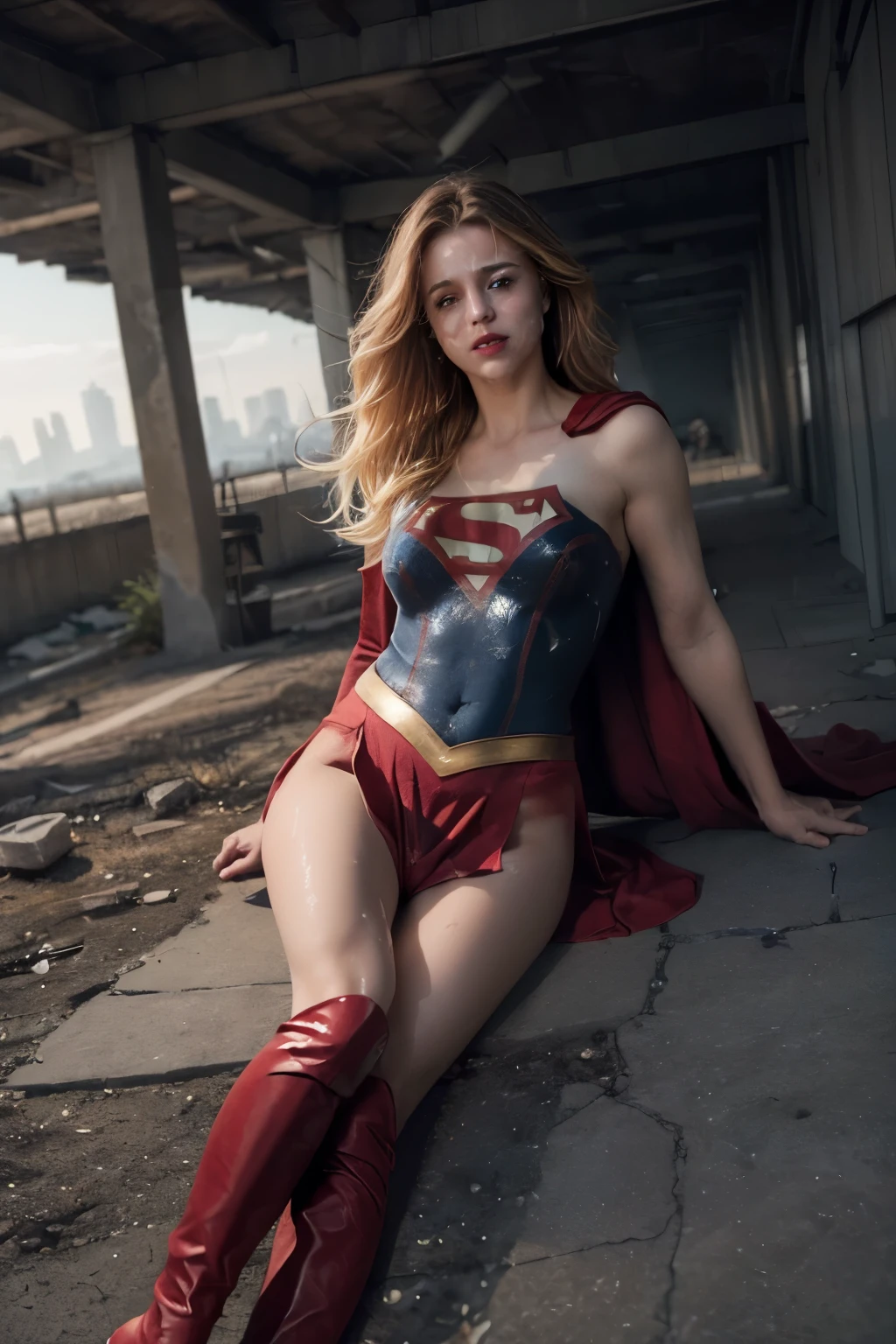 8k, best quality, real picture, intricate details, ultra-detailed, ultra highres, depth field,(photorealistic,realistic:1.2), masterpiece,photo of 1girl, supergirl, superhero, arms on hips, realistic, red cape, bodysuit, red skirt, red boots, pantyhose, blue eyes, blonde hair, lips, long hair, solo, ((lying on back)), defeated from fighting, (painful), wounded, ruined city background by lee jeffries, nikon d850, film stock, photograph 4 kodak portra 400 camera f1.6 lens, rich colors, hyper realistic, lifelike texture, dramatic lighting, unreal engine, trending on artstation, cinestill 800, ((whole body)), (semen on thighs:1.7),