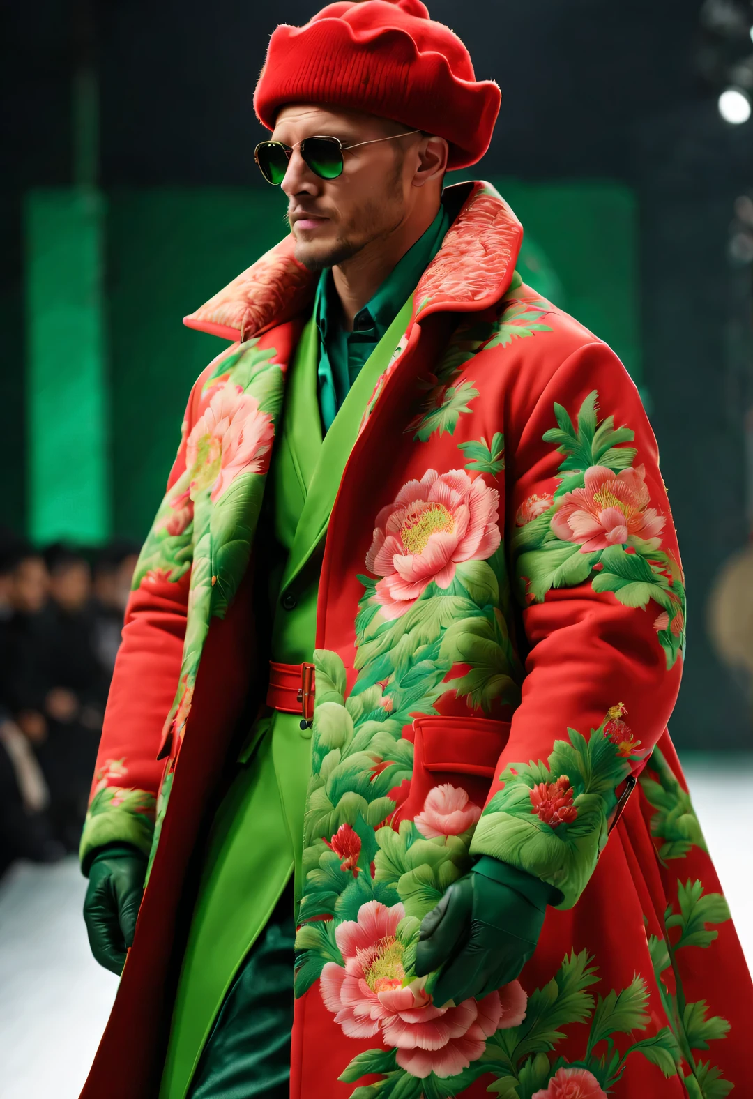 Alberto Seviso style，On the fashion show, Tom Hardy, Tall fit male model, (Wearing a thick cotton coat made of red and green peony cloth: 1.34), (Extra long cotton military coat: 0.65), Has warmth、Windproof cotton coat, peony flower, Leaves, Embroidery with Suzhou red and green peony pattern as the theme, (Tan fur coat collar), (tibetan shaman jewelry), complex mixed styles, (Gentlemanly manners), Embroidered Su Embroidery Big Red Parka Snow Coat, woolen hat, (exceed) coat jacket, big duckbill hat, (Black Sweater, winter scarf warm scarf), gloves gloves, belt, Cotton boots, sunglasses, Combat boots, sports shoes, big photography,
background: Heavy snow on indoor T-shaped track, T-shaped platform, depth of field, Ultra-clear, super high quality, Bottom-up perspective,