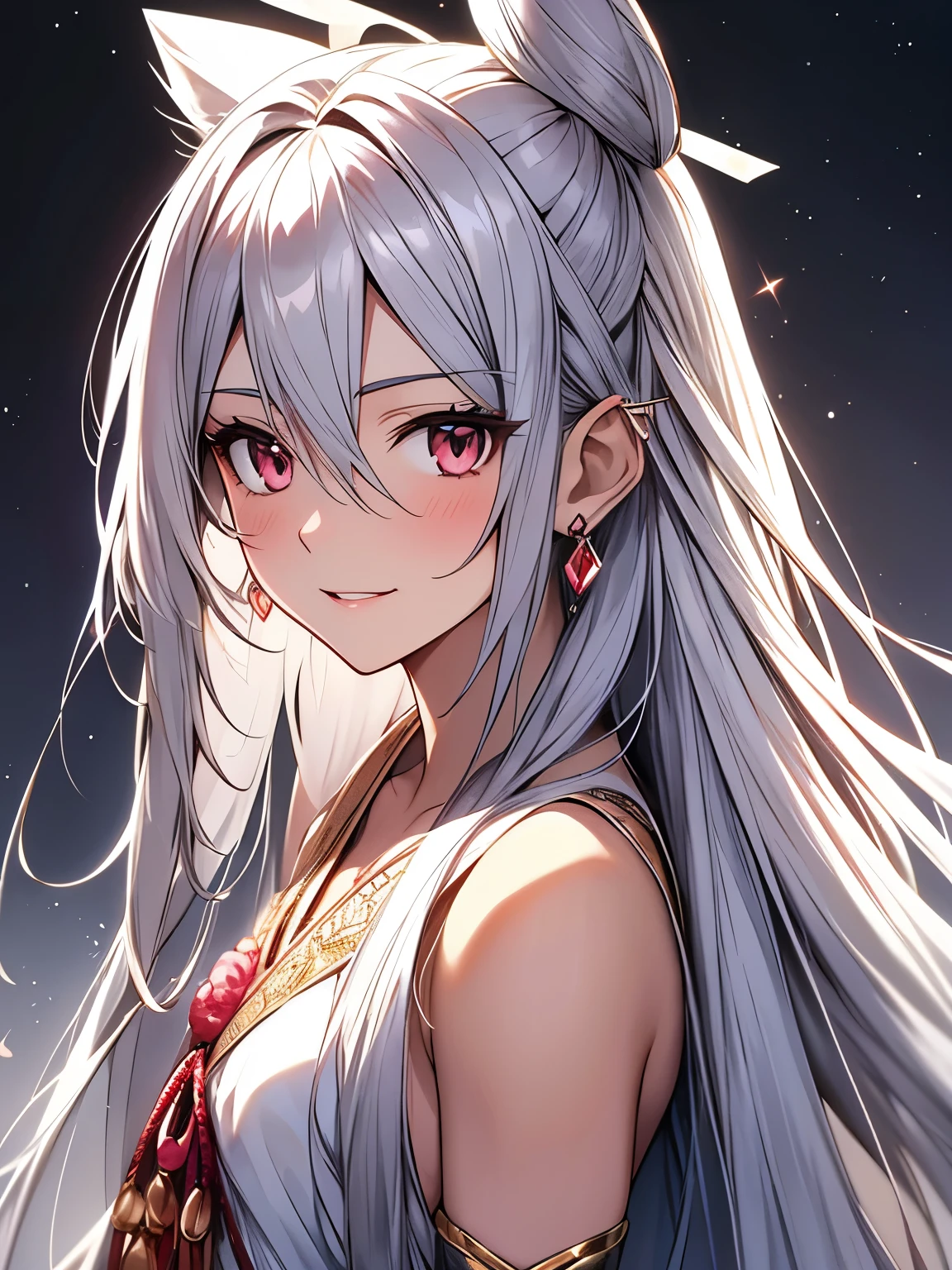 long hair, (crystal earrings:0.7), (blush, smile:0.8), silver hair, (hair strand:0.9), (ribbon:1.1), (parted lips:0.9), (ultra-detailed, highres:1.0), silver hair, (tachi-e:1.2), anime style,(character chart:1.1)
