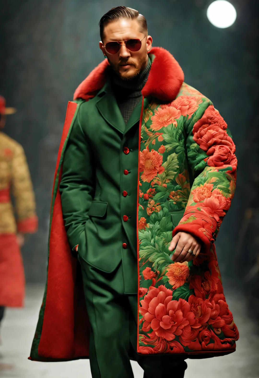 On the fashion show, Tom Hardy, Tall fit male model, (Wearing a thick cotton coat made of red and green peony cloth: 1.34), (Extra long cotton military coat: 0.65), Has warmth、Windproof cotton coat, peony flower, Leaves, Embroidery with Suzhou red and green peony pattern as the theme, (Tan fur coat collar), (tibetan shaman jewelry), complex mixed styles, (Gentlemanly manners), Embroidered Su Embroidery Big Red Parka Snow Coat, woolen hat, (exceed) coat jacket, big duckbill hat, (Black Sweater, winter scarf warm scarf), gloves gloves, belt, Cotton boots, sunglasses, Combat boots, sports shoes, big photography,
background: Fashion photos of street scenes in snowy weather, depth of field, Ultra-clear, super high quality, Bottom-to-top perspective,