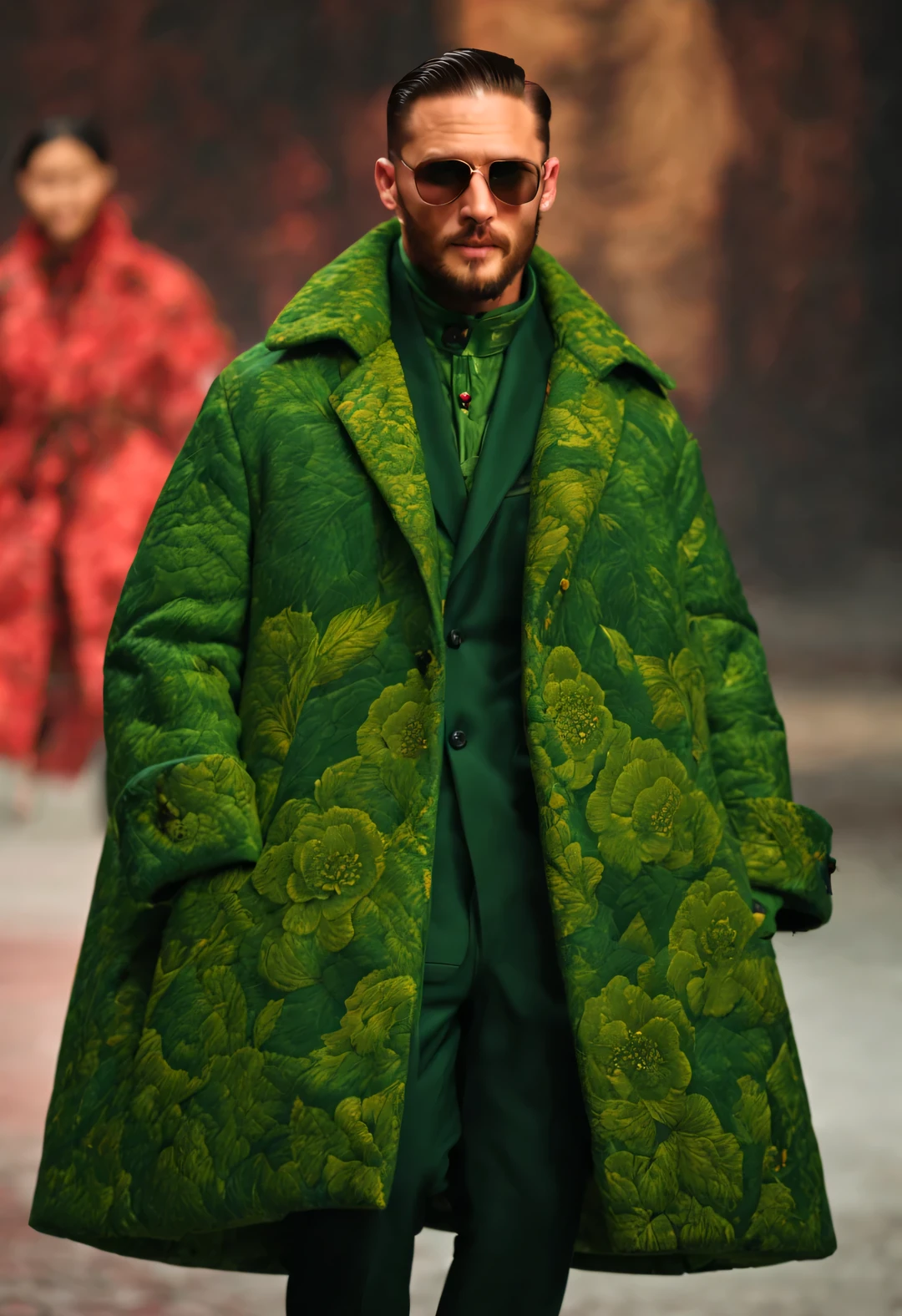 Au défilé de mode, Tom Hardy, Mannequin homme de grande taille, (Portant un épais manteau de coton fait de tissu de pivoine rouge et vert: 1.34), (Manteau militaire extra long en coton: 0.65), A de la chaleur、Manteau coupe-vent en coton, Fleur de pivoine, feuilles, Broderie avec comme thème le motif de pivoine rouge et verte de Suzhou, (Col de manteau en fourrure beige), (bijoux de chaman tibétain), styles mixtes complexes, (Mœurs gentlemanly), Manteau de neige brodé Su Big Red Parka, un bonnet en laine, (Dépasser) veste Manteau, grand chapeau à bec de canard, (Pull noir, écharpe d&#39;hiver écharpe chaude), gants gants, ceinture, Bottes en coton, des lunettes de soleil, bottes de combat, chaussures de sport, grande photographie,
arrière-plan: Photos de mode de scènes de rue par temps neigeux, profondeur de champ, Extrêmement clair, super haute qualité, Perspective de bas en haut,