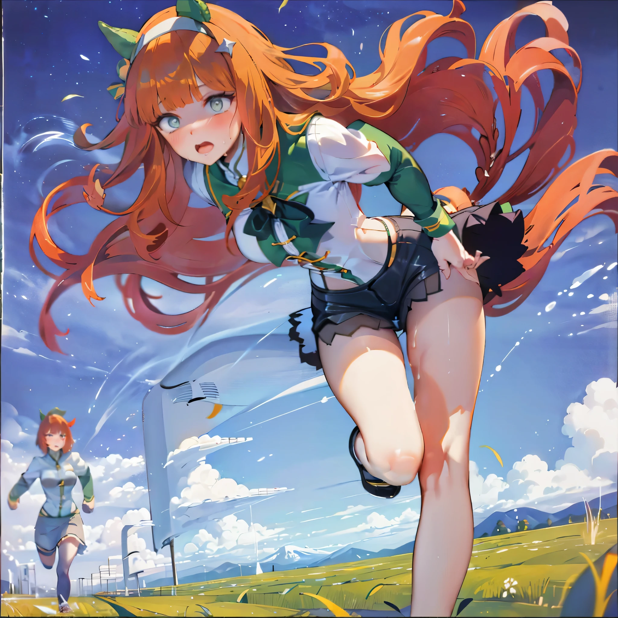 Anime girl with long red hair running in a field - SeaArt AI