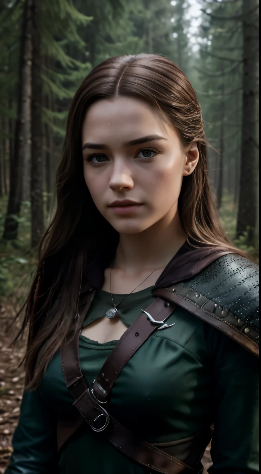 Foto hiperrealista en primer plano de Willa Fitzgerald, Create dystopian masterpieces. as a witcher, scene from the Witcher movie, the entire figure dressed in witcher style, in woods, beautiful woman, skinny, small breasts, straight brown hair, detailed face, photo taken from a distance, age 20 tears old