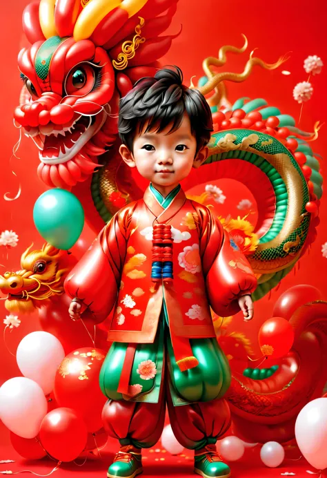 ((1 cute and festive rich and colorful red balloon Chinese dragon and a balloon 3 year old little boy, Wearing traditional Chine...