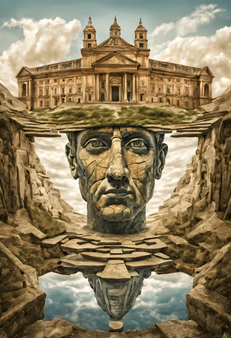 Image with Blivet effects, Surreal images with optical effects, double objects, Landscape drawing with ancient buildings, formin...