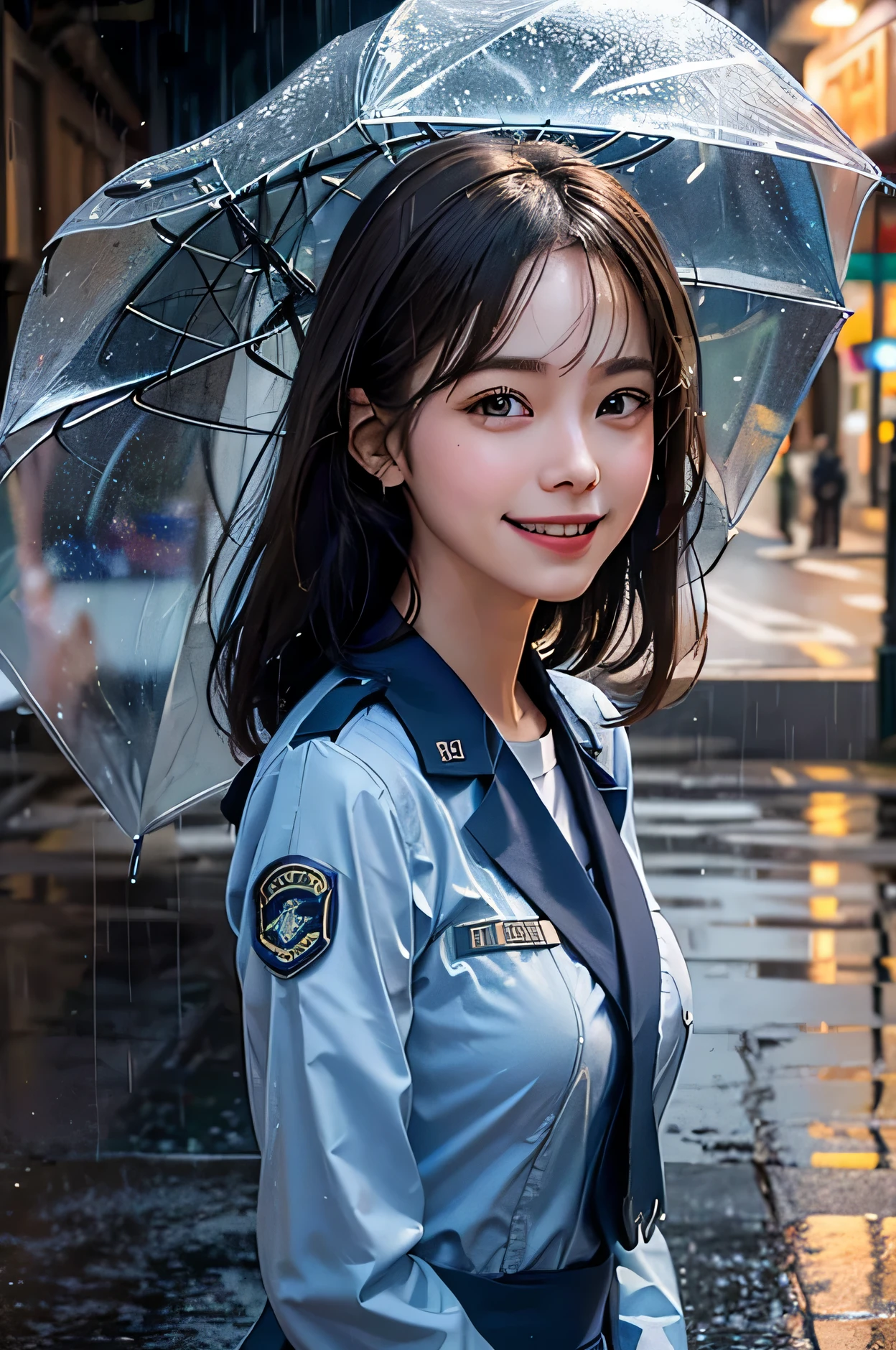 Realistisches Porträt eines Mädchens in Uniform der US Air Force, das im Regen ohne Regenschirm lächelt. Tiefenschärfe, Mildernder Effekt, Lichtreflexionen auf dem Bürgersteig verleihen dem Stück Tiefe. in der Frontansicht, Sie stand unter einer Straßenlaterne, Die Lichter in den Schaufenstern sind um sie herum, Drücken Sie das Gefühl der Freude aus.