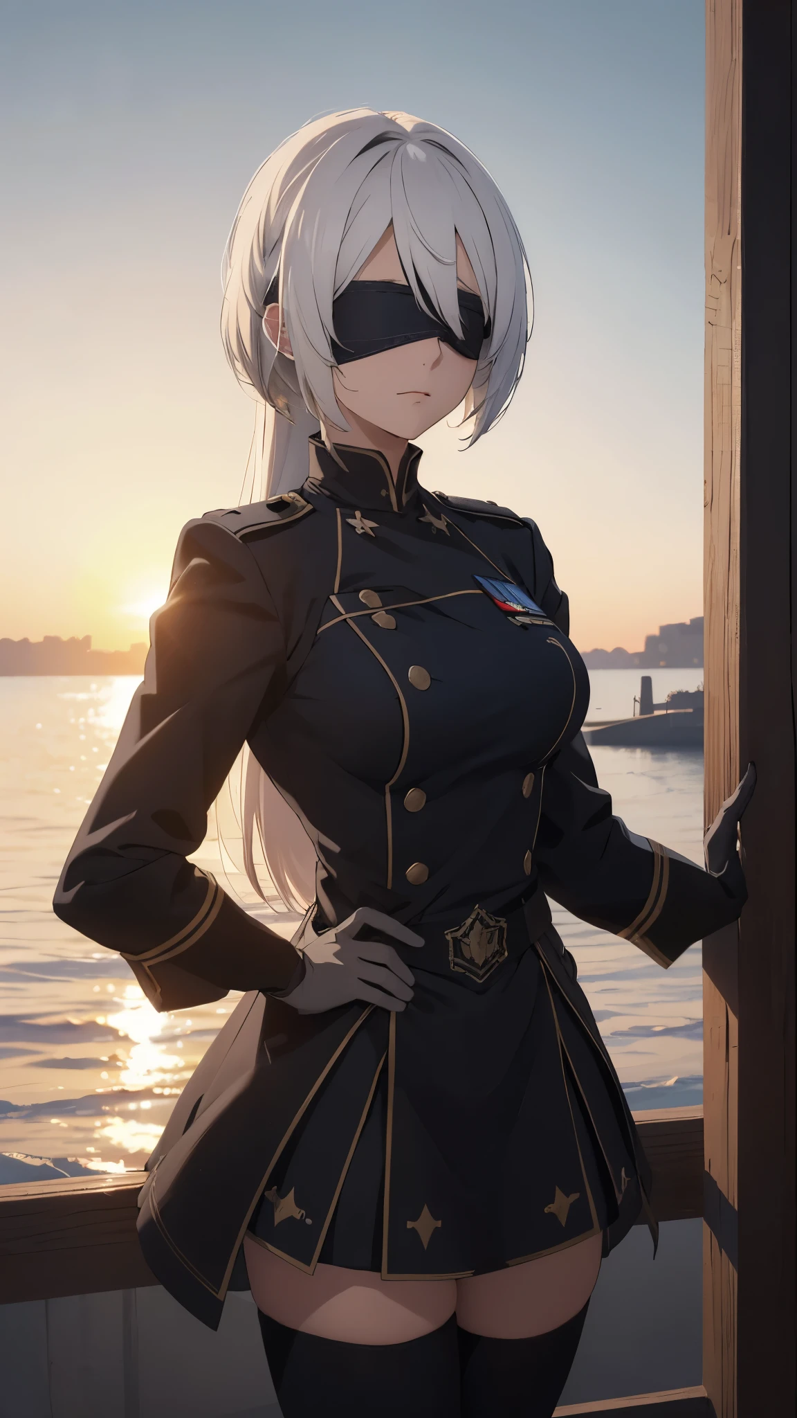 , The Perfect Girl, perfect details, Ultra HD |, 8K, Professional photo(extremely detailed CG unity 8k wallpaper), (masterpiece), (best quality), (ultra-detailed), (best illustration), (best shadow), (absurdres), 2b, 1girl, long hair, normal size , white hair, blindfold solo, Intimidating women, admiral uniform, night, hero pose, white clothes, General Uniform, Military Uniform, Sunlight, exposed to sunlight, commander, black clothes, sunkissed, sunset background