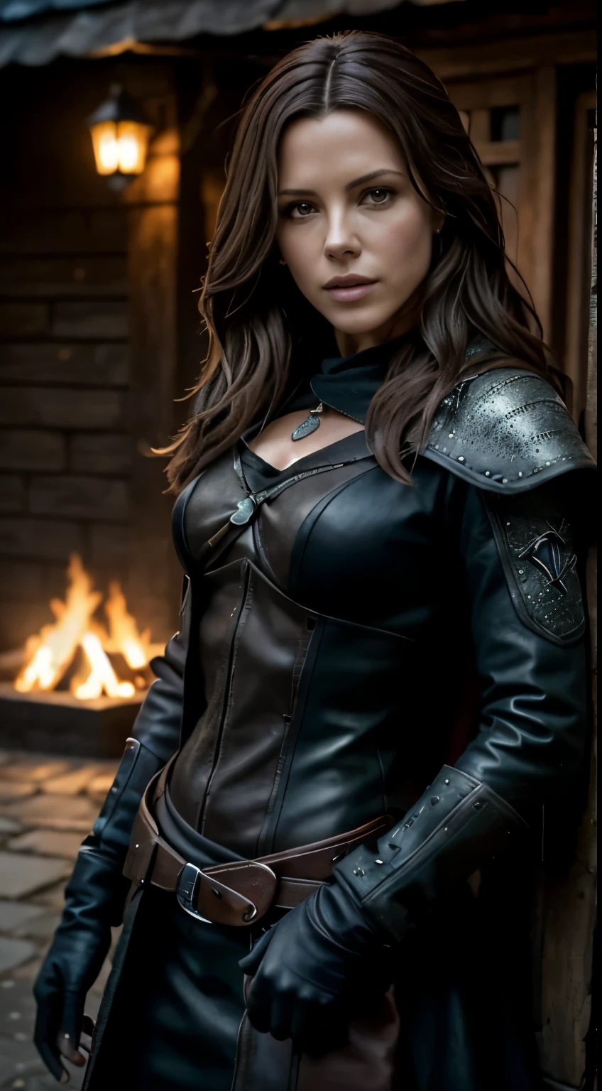 Photo hyperréaliste en gros plan de Kate Beckinsale, Créez des chefs-d&#39;œuvre dystopiques. en tant que sorceleur, scène du film Witcher, la figurine entière habillée dans le style du sorceleur, à l&#39;extérieur de l&#39;auberge médiévale, Belle femme, maigre, petits seins, cheveux bruns raides, visage détaillé, photo prise de loin, 20 ans, vieilles larmes