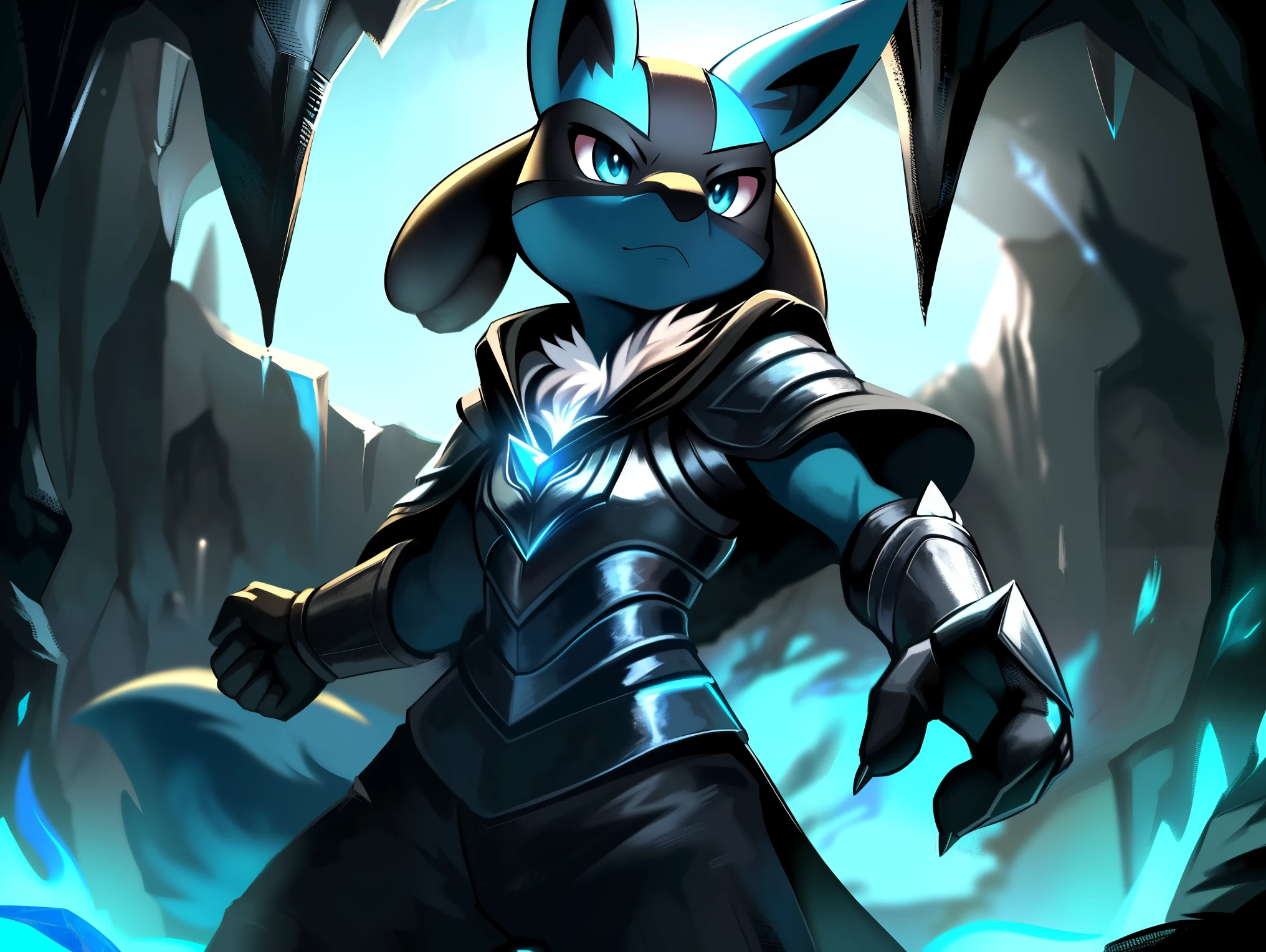 (((Lucario))), (solo), standing, wolf, blue fur, chest spike, male, sunny forest background. up close. Very good figure, cinematic lighting, volume lighting, masterpiece, best quality