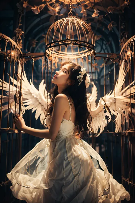 girl, large wings, angel, goddess, innocent, long hair, black hair, brown eyes, white dress, open birdcage, are standing at door...