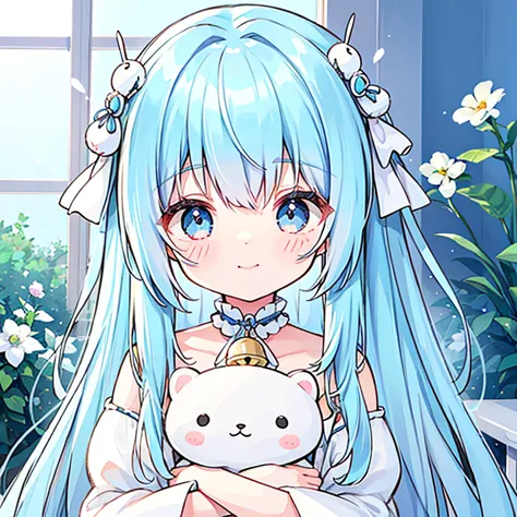 light blue hair、light blue eyes、long hair、have a bell、small and cute、smiling、like、adorable、have a stuffed animal