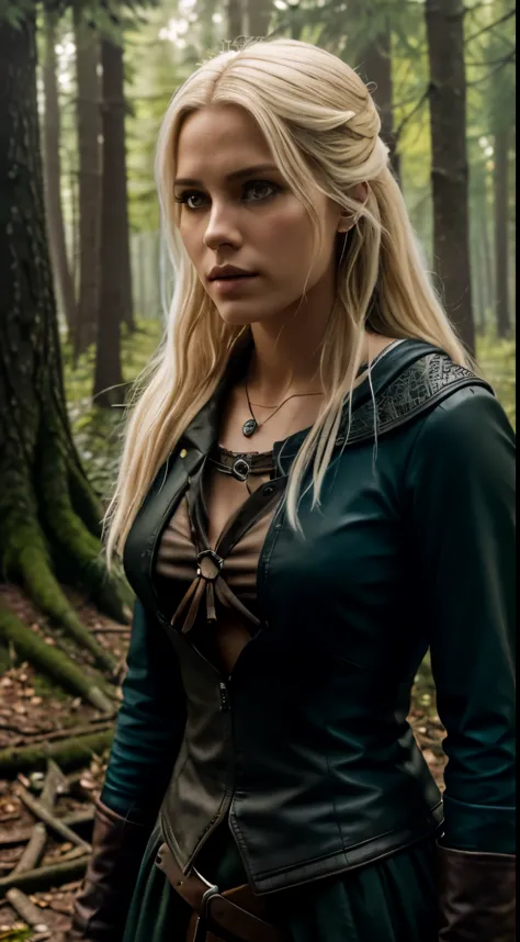 Foto hiperrealista en primer plano de 20 years old Maria Bello, Create dystopian masterpieces. as a witcher, scene from the Witcher movie, the entire figure dressed in witcher style, in woods,, beautiful woman, skinny, small breasts, straight blond hair, d...
