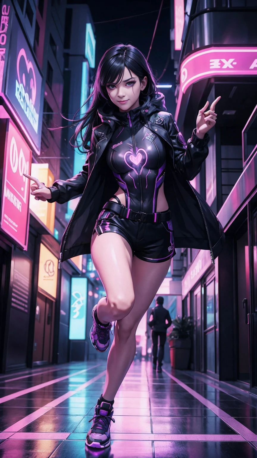 A portrait of the outside of a Mirror Skyscraper, running sprinting Upwards on the Outside Glass Window of the building, a young beautiful mature female with Long and black hair, silver eyes, Caucasian traits, wearing a black and purple Cyberpunk full body peacoat with shorts and shoes, Vigilante, hacker vibe, netrunner, badass, running, with a cocky smile, smirk, holding a cyber neon Holographic Heart, 4K, 3d Octane render, cinematic lighting, Dynamic, Ray Tracing, bloom, 50mm.