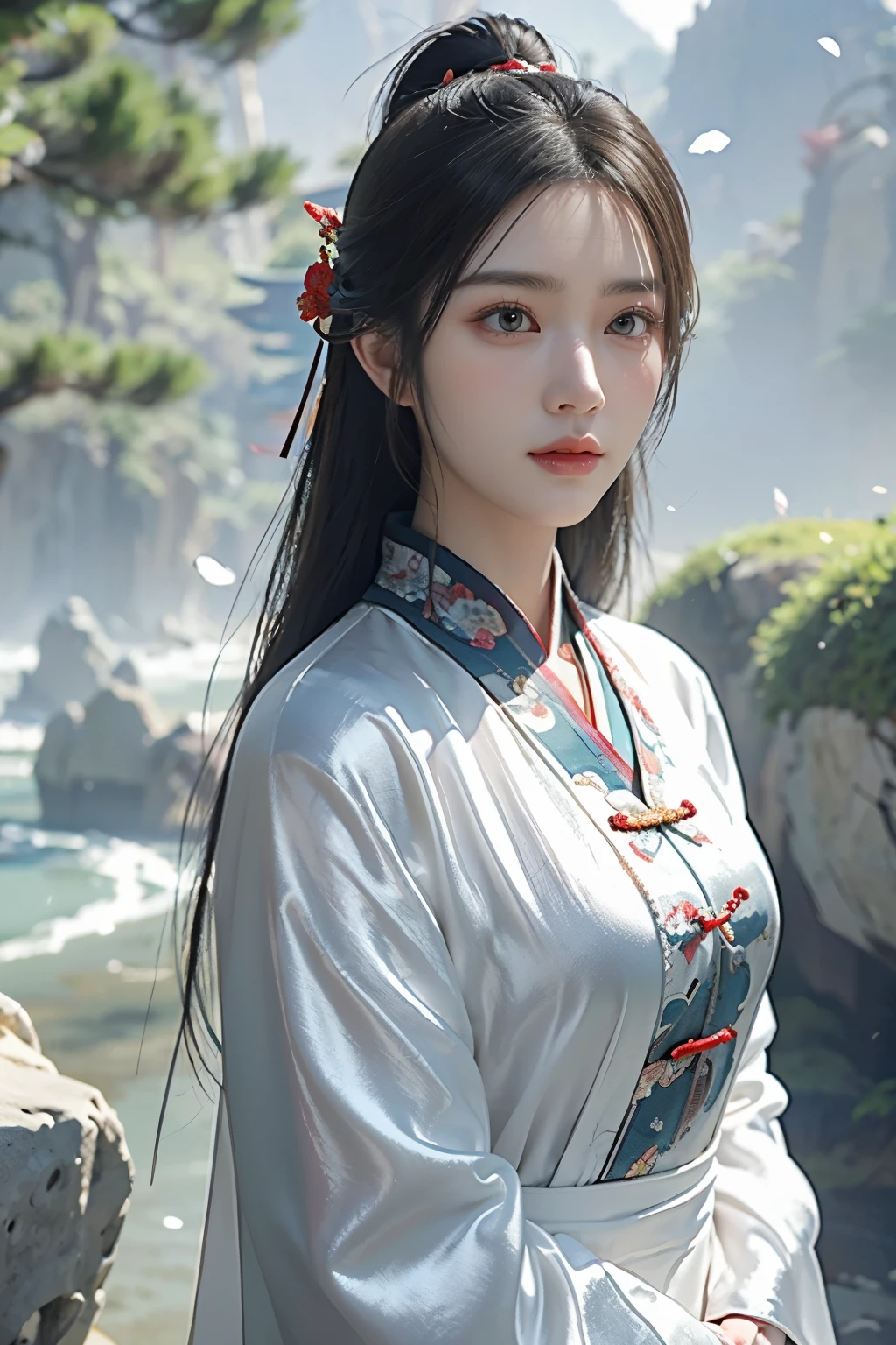 art du jeu，La meilleure qualité d&#39;image，la plus haute résolution，8k，((Une photographie de buste))，((portrait))，((Tête en gros plan:1.2))，(Règle des tiers)，Le rendu Unreal Engine 5 fonctionne， (La fille du futur)，(Guerrière)， fille de 22 ans，(Femmes chinoises anciennes)，(cheveux arc-en-ciel，Coiffure orientale ancienne)，((Les pupilles des yeux rouges:1.3))，(Un bel oeil plein de détails)，(Gros seins)，(le fard à paupières)，Élégant et charmant，indifférent，((colère))，(Un manteau en soie au style chinois ancien，bandeau ventral，Les vêtements sont décorés de motifs aux caractéristiques chinoises，Un éclair de bijoux，blanc)，(Les vêtements sont en soie:1.5)，personnages fantastiques，style fantastique， poses de photos，fond de ville，Lumières de cinéma，Tracé laser，Jeu CG，((Moteur irréel 3D))，Modèle de réflexion du rendu OC