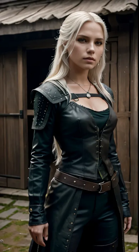 Foto hiperrealista en primer plano de 20 years old Maria Bello, Create dystopian masterpieces. as a witcher, scene from the Witcher movie, the entire figure dressed in witcher style, outside of medieval inn, beautiful woman, skinny, small breasts, straight...