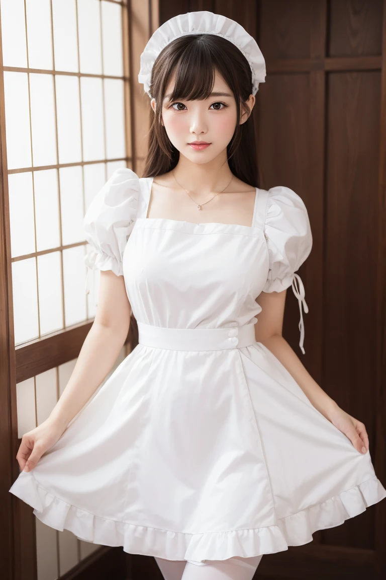 araffe asian woman in white dress posing for a picture, a pastel inspired by Fujiwara Takanobu, tumblr, shin hanga, maid outfit, maid dress, cosplay of a catboy! maid! dress, , white puffy outfit, white monochrome color!!!!!, dressed in a beautiful white, lolita style, white skirt, sakimichan