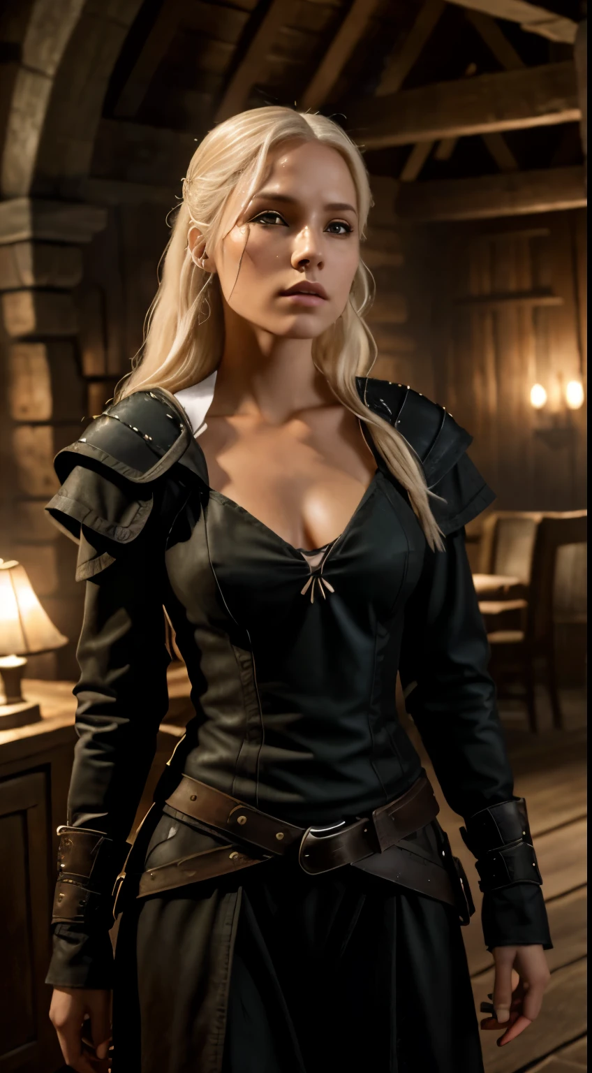 Foto hiperrealista en primer plano de 20 years old Maria Bello, Create dystopian masterpieces. as a witcher, scene from the Witcher movie, the entire figure dressed in witcher style, inside a medieval inn, beautiful woman, skinny, small breasts, straight blond hair, detailed face, photo taken from a distance, age 20 tears old