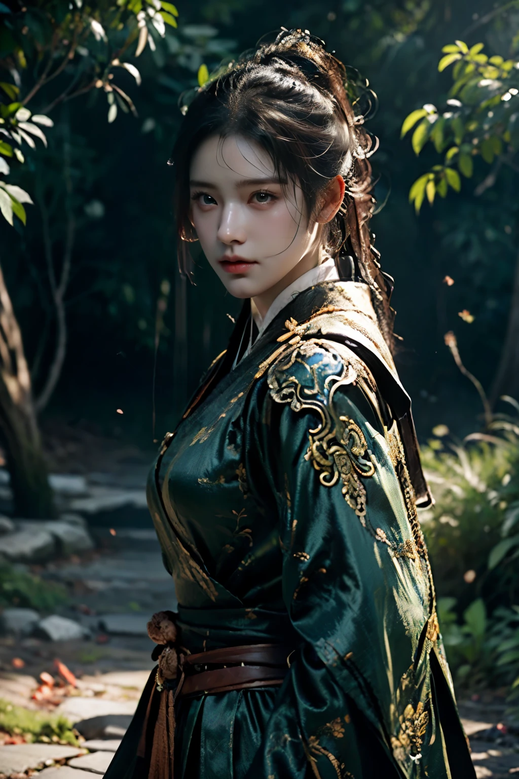 Game art，The best picture quality，Highest resolution，8K，(A bust photograph)，(Portrait)，(Head close-up)，(Rule of thirds)，Unreal Engine 5 rendering works， (The Girl of the Future)，(Female Warrior)， 
20岁少女，(The warrior in ancient China)，An eye rich in detail，(Big breasts)，优雅高贵，冷漠，(Brave)，
(Costumes of ancient Chinese characters，A random pattern of clothing，Ribbon，Joint Armor，Rich dress details，)中国人物，奇幻风格，
拍照姿势，野外背景，Movie lights，Ray tracing，Game CG，((3D Unreal Engine))，oc渲染反射纹