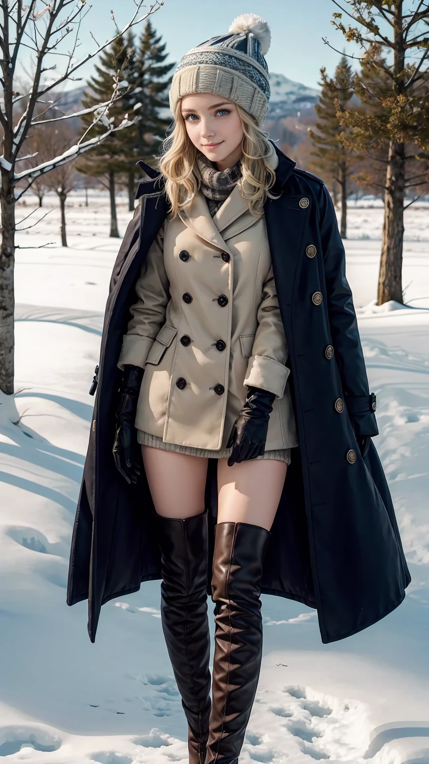 25-year-old Caucasian woman、platinum blonde、blue eyes、semi-long、my hair is wavy、smile、slim muscular body、I don&#39;t want my head to disappear from the screen.、Wearing polar winter clothing、Being in a snowy field、wearing a woolen hat、I&#39;m wearing a muffler、looking sideways、I'm wearing long boots、wearing mitten gloves