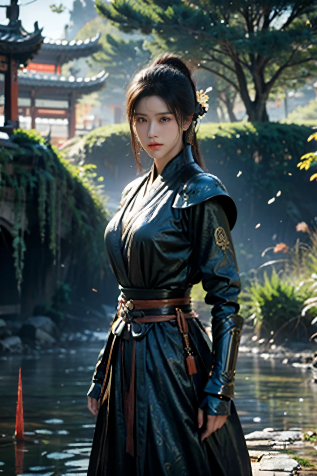 Game art，The best picture quality，Highest resolution，8K，(A bust photograph)，(Portrait)，(Head close-up)，(Rule of thirds)，Unreal Engine 5 rendering works， (The Girl of the Future)，(Female Warrior)， 
20岁少女，(The warrior in ancient China)，An eye rich in detail，(Big breasts)，优雅高贵，冷漠，(Brave)，
(Costumes of ancient Chinese characters，A random pattern of clothing，Ribbon，Joint Armor，Rich dress details，)中国人物，奇幻风格，
拍照姿势，野外背景，Movie lights，Ray tracing，Game CG，((3D Unreal Engine))，oc渲染反射纹